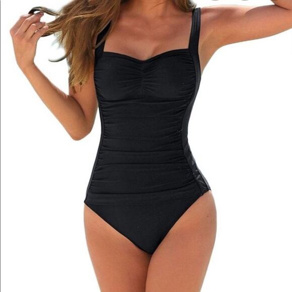 Cocoship Black Retro Pin Up Swimsuit 5X Halter One Piece Tummy Control Ruched - Picture 1 of 11